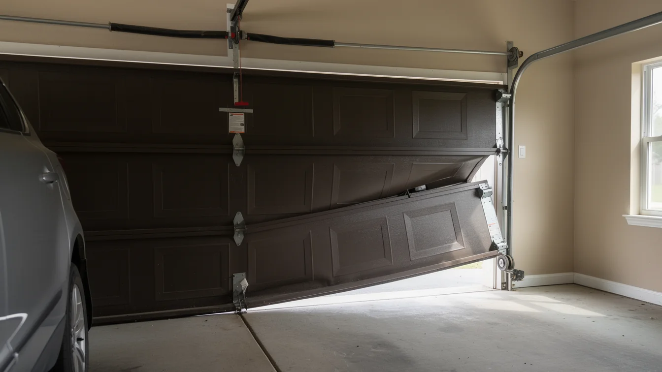A brown garage door is bent and partially open, with a car visible inside.