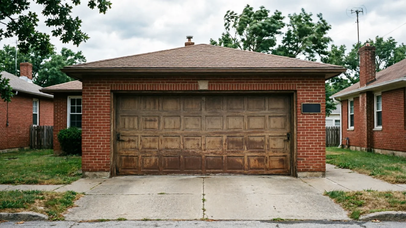A weathered wooden garage door is set in a red brick garage.