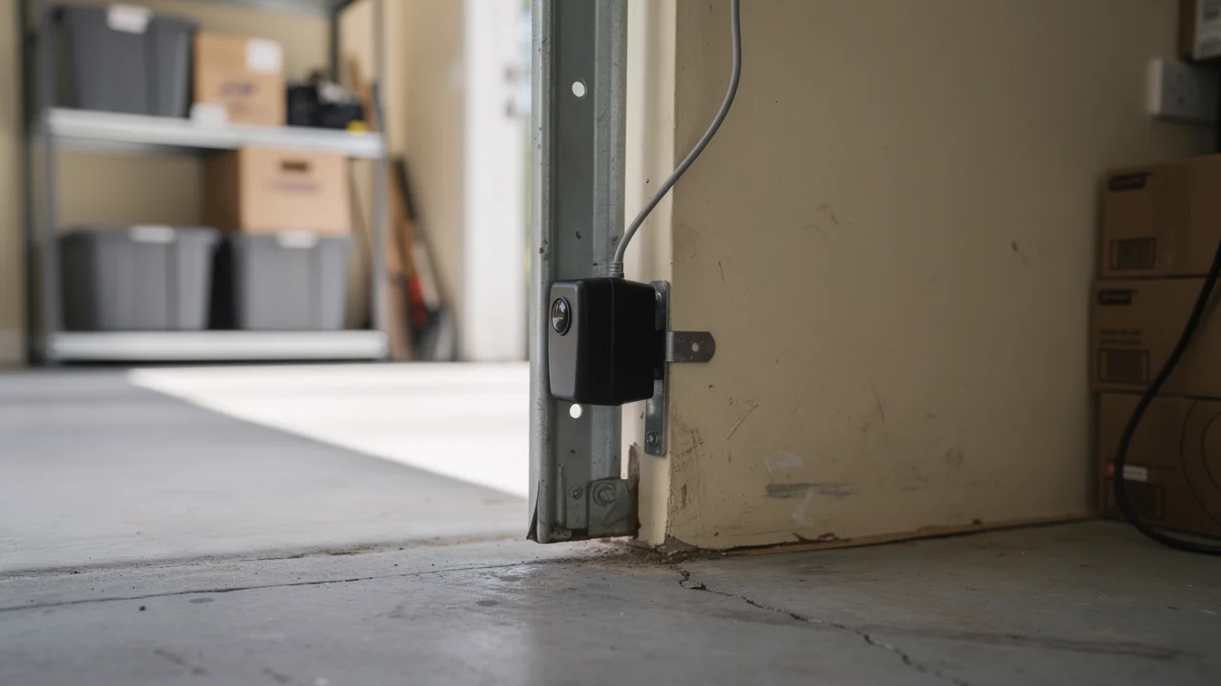 A black safety sensor is mounted on a garage door track.