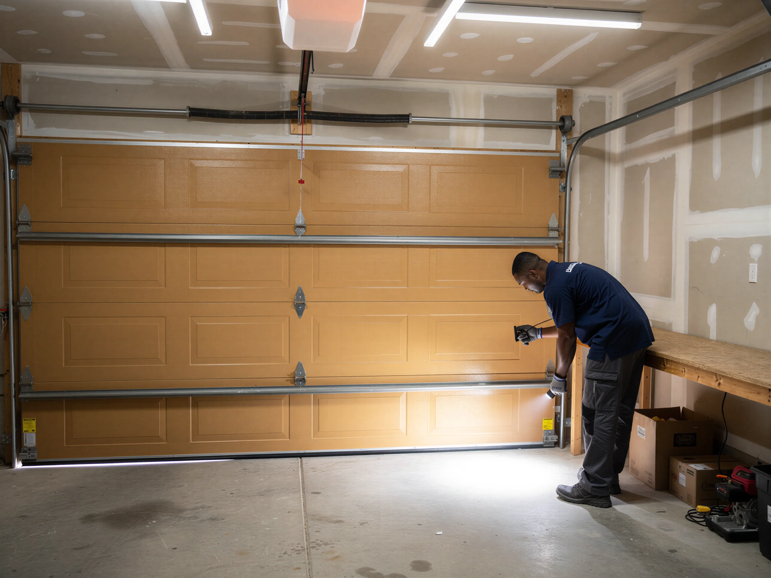 A technician shines a flashlight on the bottom of a closed garage door.