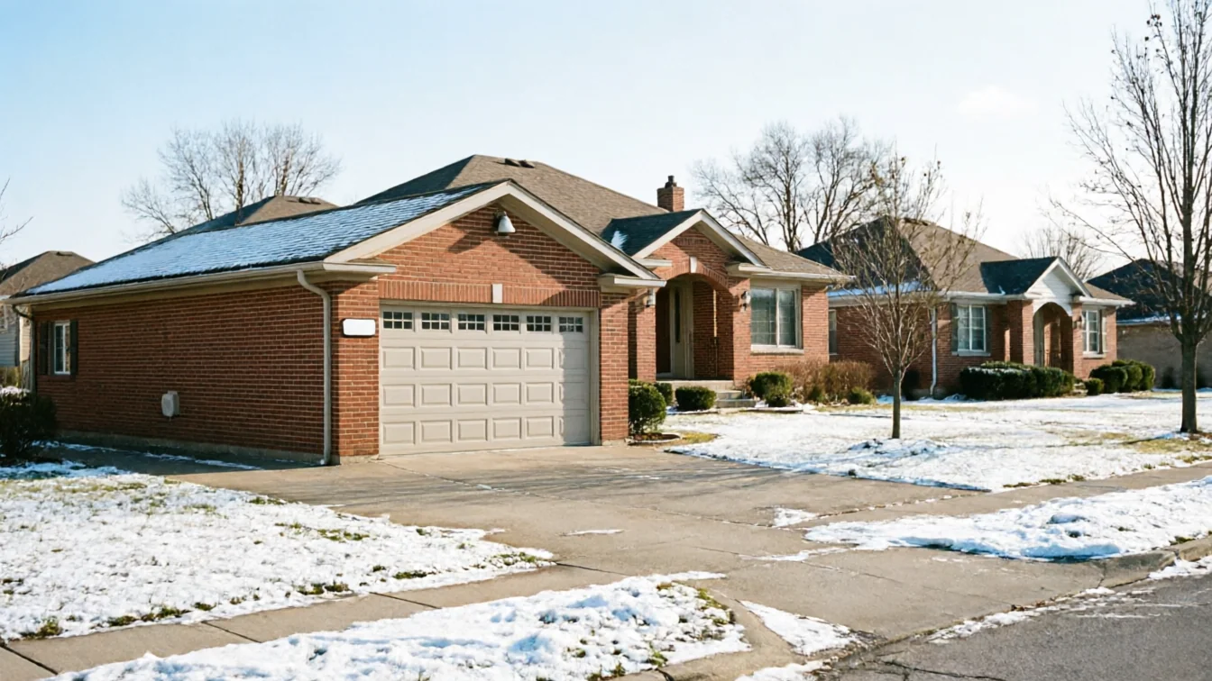A brick house with a tan garage door and snow on the ground.