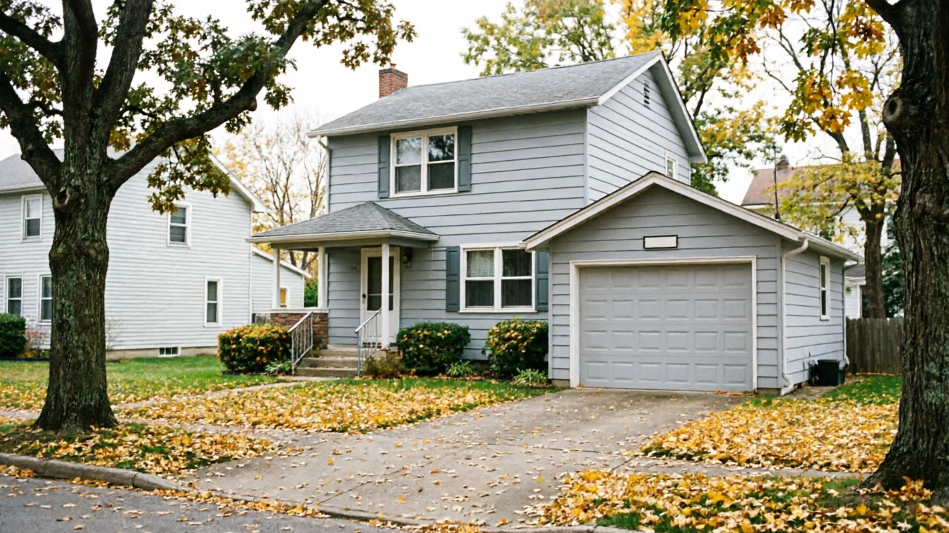 A gray house with a gray garage door and yellow leaves on the ground.